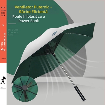 TTK umbrelă cu ventilator – Multifuncțional, Deschidere Automată, Cadru cu 8 nervuri, Țeavă din aluminiu, Mâner ABS, Material 190T, Mâner lung