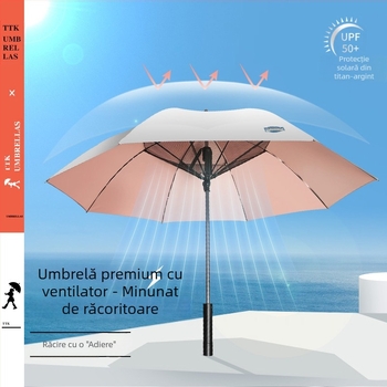 TTK umbrelă cu ventilator – Multifuncțional, Deschidere Automată, Cadru cu 8 nervuri, Țeavă din aluminiu, Mâner ABS, Material 190T, Mâner lung