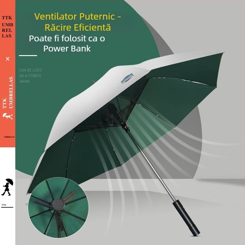 TTK umbrelă cu ventilator – Multifuncțional, Deschidere Automată, Cadru cu 8 nervuri, Țeavă din aluminiu, Mâner ABS, Material 190T, Mâner lung