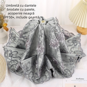 Umbrelă pentru soare și ploaie pentru femei, dantelă brodată, acoperire din vinil, UPF>50, 8 brațe, țesătură 190T, închidere manuală
