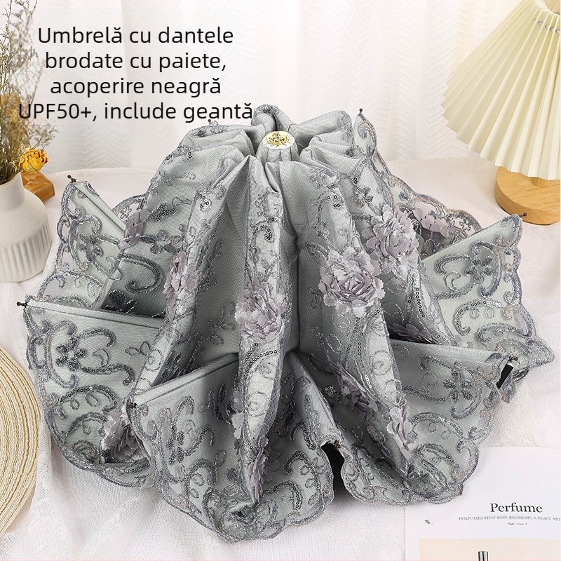 Umbrelă pentru soare și ploaie pentru femei, dantelă brodată, acoperire din vinil, UPF>50, 8 brațe, țesătură 190T, închidere manuală