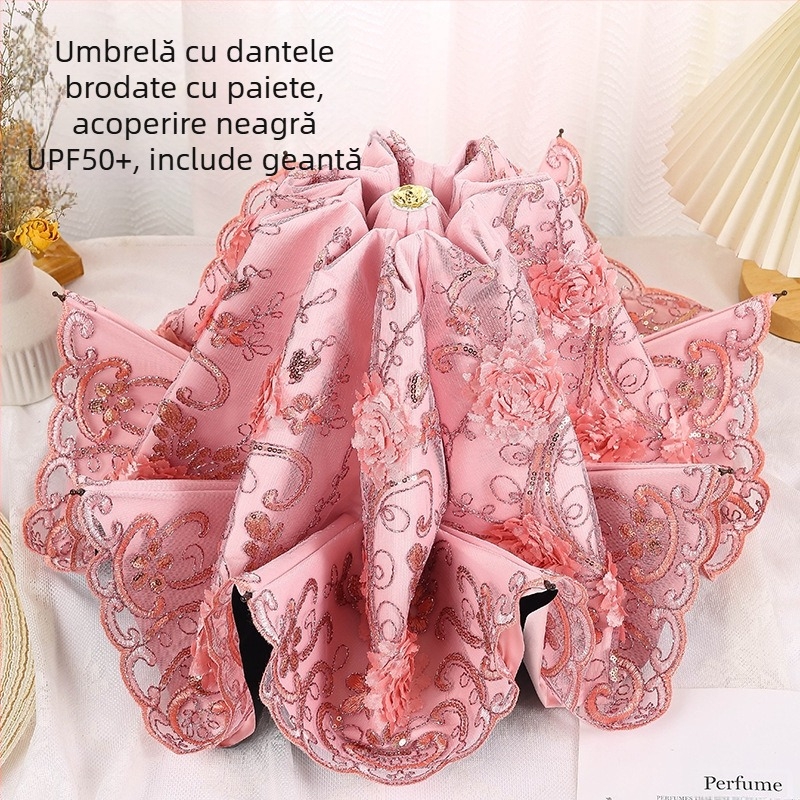 Umbrelă pentru soare și ploaie pentru femei, dantelă brodată, acoperire din vinil, UPF>50, 8 brațe, țesătură 190T, închidere manuală