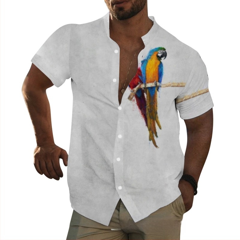 Cămașă hawaiană pentru bărbați, imprimeu animal, guler stand, mâneci scurte, croială lejeră, imprimare digitală, 96% poliester