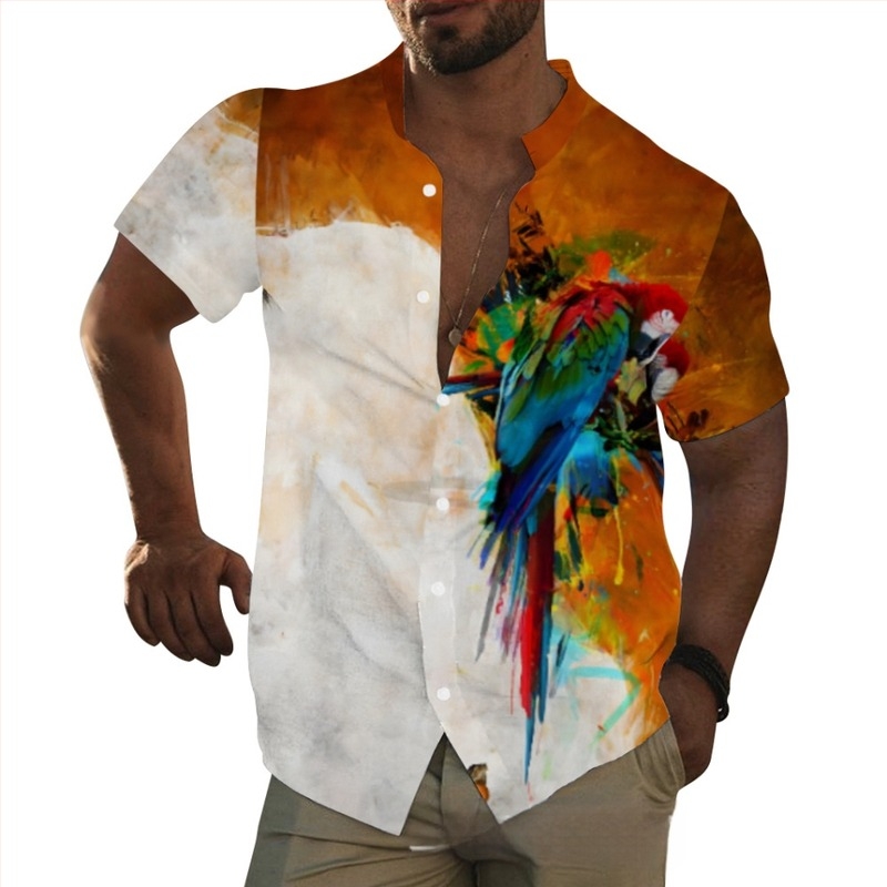 Cămașă hawaiană pentru bărbați, imprimeu animal, guler stand, mâneci scurte, croială lejeră, imprimare digitală, 96% poliester