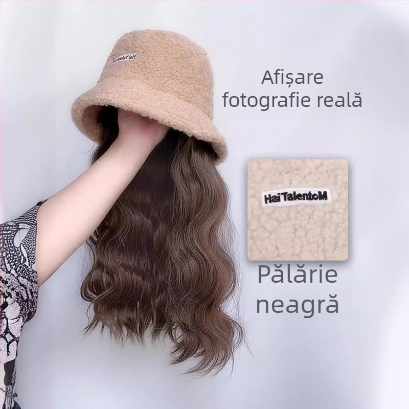 Perucă pentru femei cu pălărie de pescari integrată din lână de miel, stil coreean, păr mediu până la lung, sârmă rezistentă la temperaturi