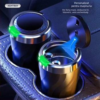 Scrumieră auto cu capac care se deschide printr-un click și iluminare, model universal, din plastic turnat prin injecție