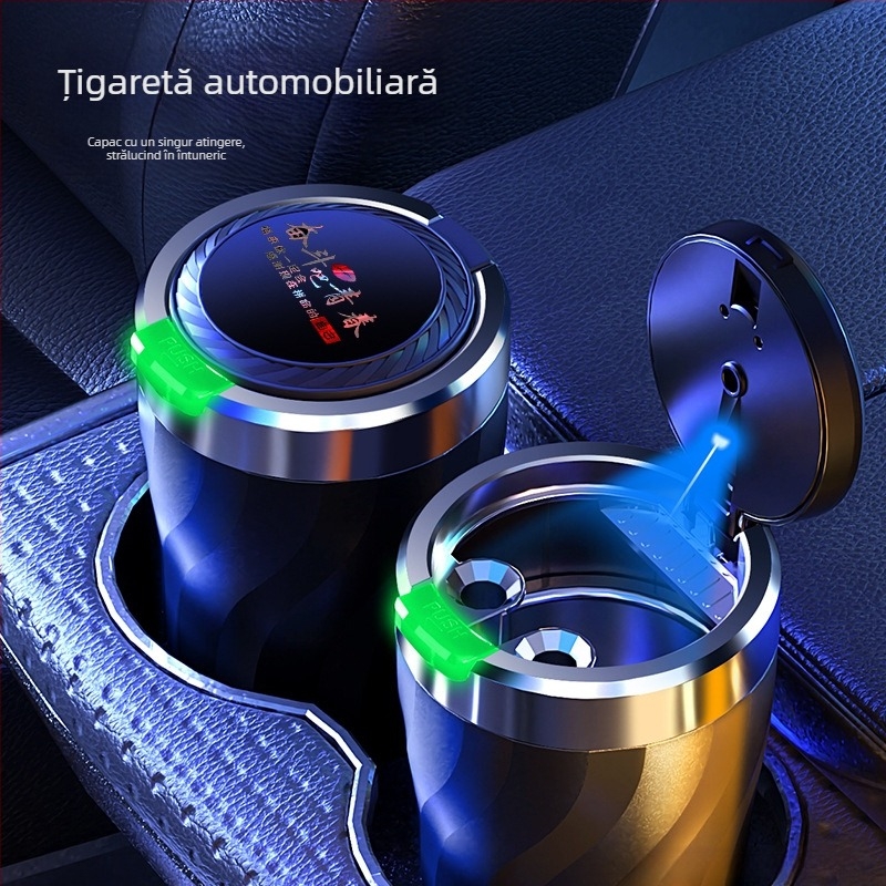 Scrumieră auto cu capac care se deschide printr-un click și iluminare, model universal, din plastic turnat prin injecție