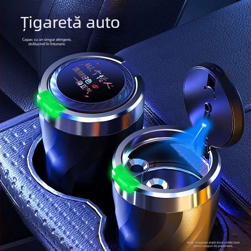 Scrumieră auto cu capac care se deschide printr-un click și iluminare, model universal, din plastic turnat prin injecție