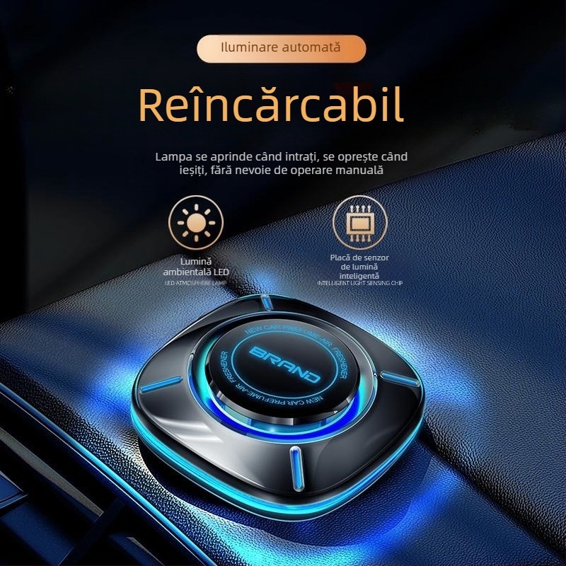 Difuzor auto de aromă cu lumină ambientală; parfum Gardenia; conținut 10–20 ml; material PC; montaj pe scaun; volatilizare peste 90 de zile