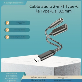 One Three Nine Modelul 003: adaptor audio 2 în 1 Type-C la Type-C 3.5 mm pentru căști și mașină cu încărcare PD, compatibil Huawei și Xiaomi