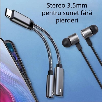 One Three Nine Modelul 003: adaptor audio 2 în 1 Type-C la Type-C 3.5 mm pentru căști și mașină cu încărcare PD, compatibil Huawei și Xiaomi