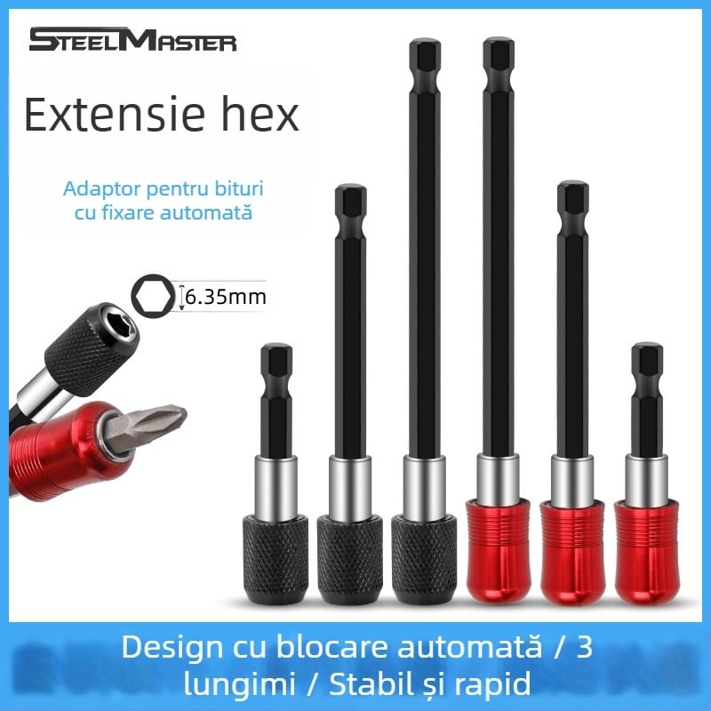 SteelMaster Bară de extensie pentru biți de burghiu, cu cuplaj magnetic auto-blocant și unealtă hex cu schimbare rapidă