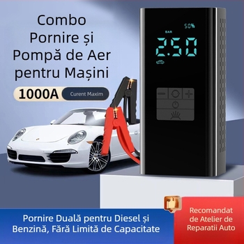 Pompa de aer portabilă pentru mașină cu sursă de energie de urgență — 14.8V baterie, 100W, 25 L/min, afișaj digital, manometru
