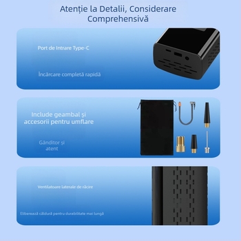 Pompa de aer portabilă pentru mașină cu sursă de energie de urgență — 14.8V baterie, 100W, 25 L/min, afișaj digital, manometru