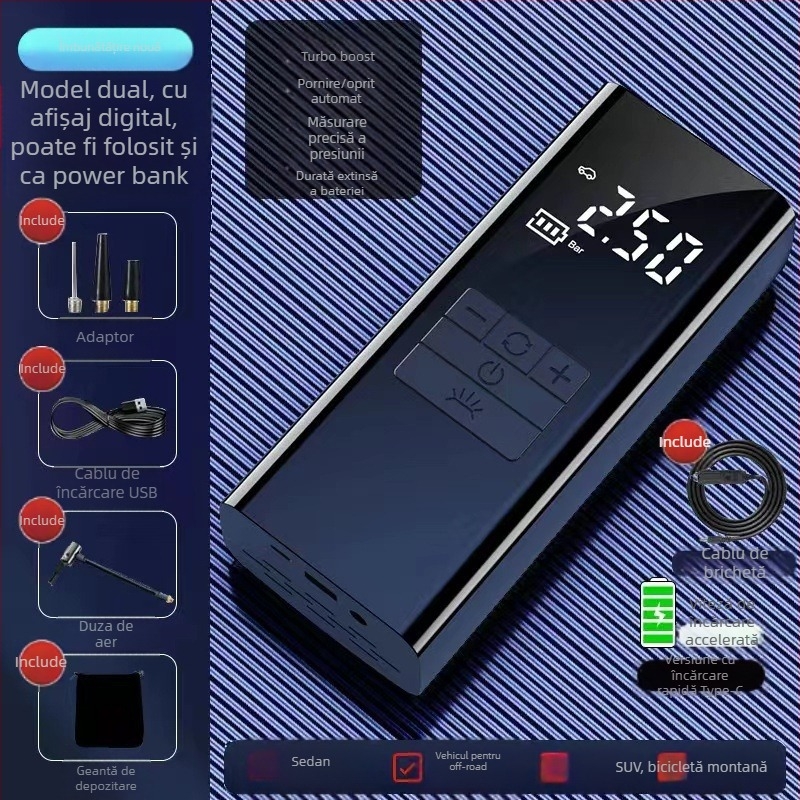 Pompa de aer portabilă pentru mașină cu sursă de energie de urgență — 14.8V baterie, 100W, 25 L/min, afișaj digital, manometru