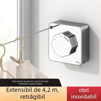 Sfoară de uscare pentru balcon, telescopică, montaj fără găuri, sârmă din oțel inoxidabil 304, bază din ABS + aluminiu