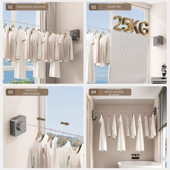 Sfoară de uscare pentru balcon, telescopică, montaj fără găuri, sârmă din oțel inoxidabil 304, bază din ABS + aluminiu