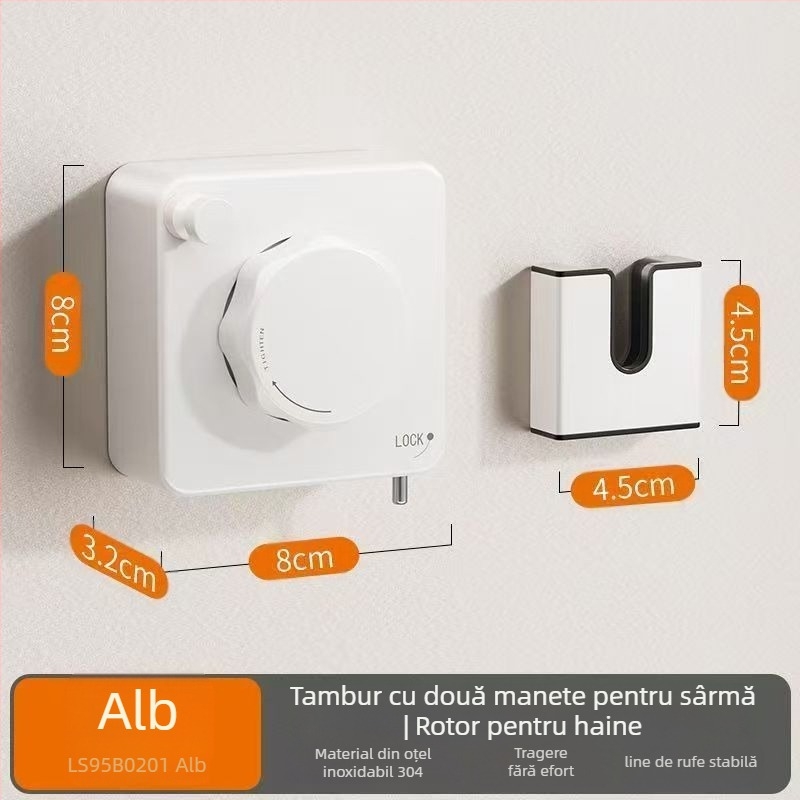 Sfoară de uscare pentru balcon, telescopică, montaj fără găuri, sârmă din oțel inoxidabil 304, bază din ABS + aluminiu
