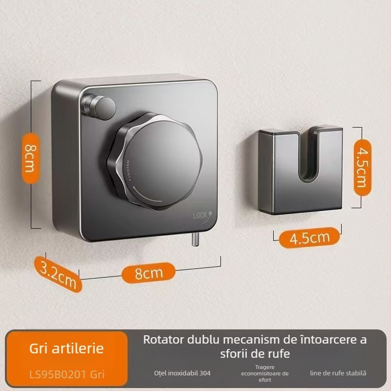 Sfoară de uscare pentru balcon, telescopică, montaj fără găuri, sârmă din oțel inoxidabil 304, bază din ABS + aluminiu