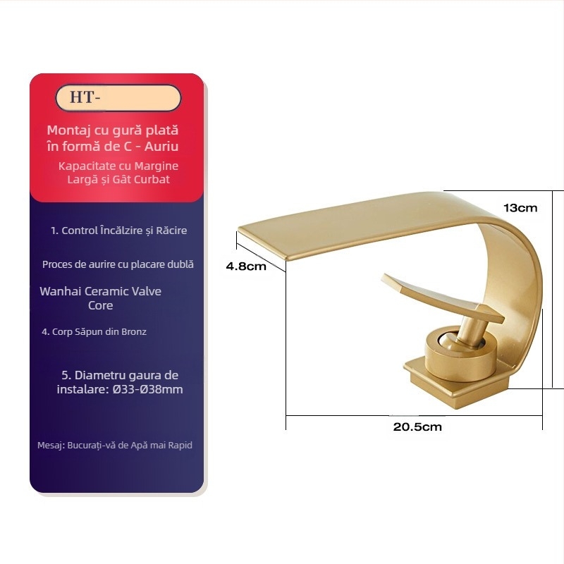 Baterie de lavoar din cupru, montaj pe blat, amestec cald/rece, cartuș ceramic, 0–80 °C, diametru 35 mm