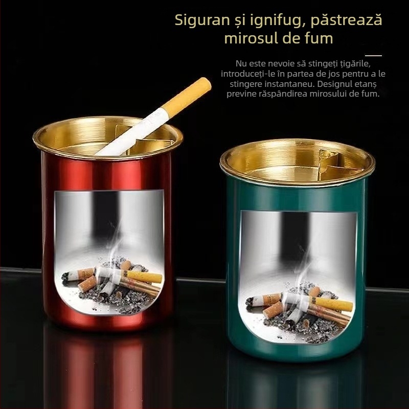 Scrumieră din oțel inoxidabil, formă de pâlnie, cu capac – pentru casă și birou, prevenire vărsare cenușii