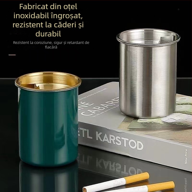 Scrumieră din oțel inoxidabil, formă de pâlnie, cu capac – pentru casă și birou, prevenire vărsare cenușii