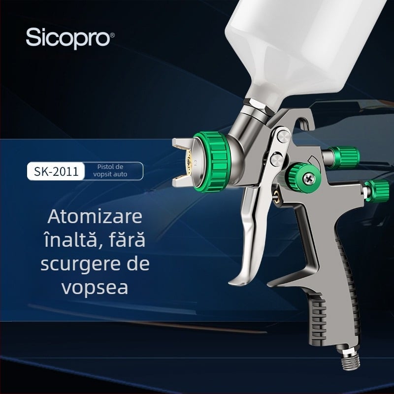 Pistol pneumatic de pulverizare, cu presiune redusă, cromat, rezervor superior, pentru vopsirea automobilelor