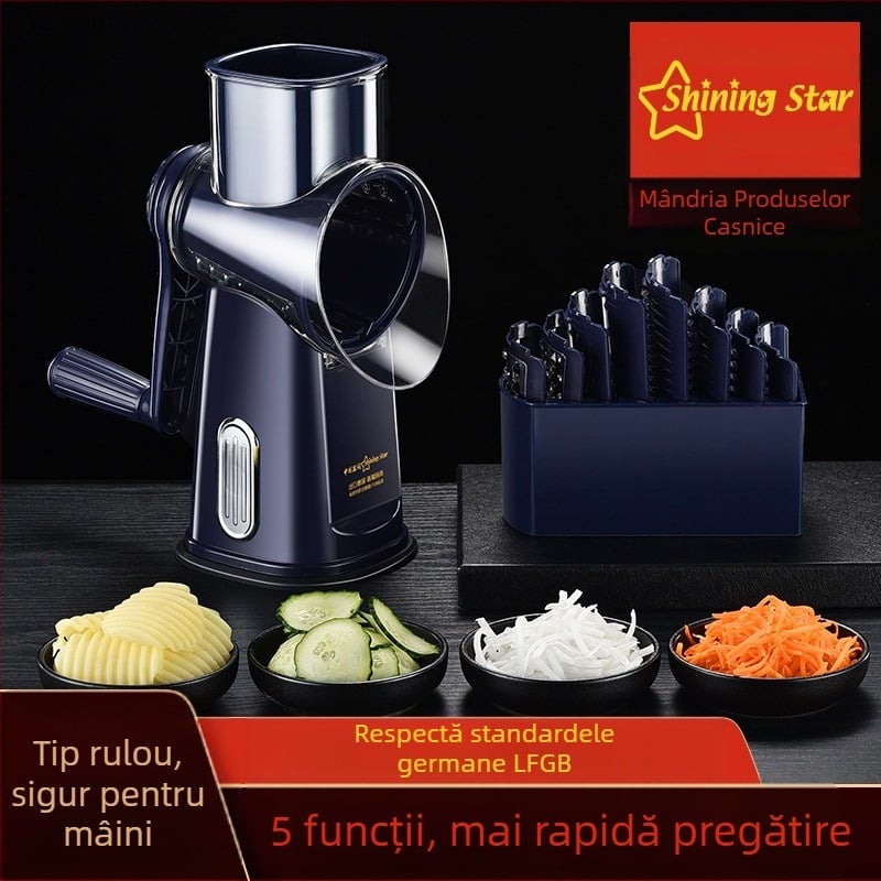 Tăietor de legume multifuncțional manual, cu feliere și răzuitor (Material: PC+ABS, 304/430 oțel inoxidabil, 420J2, PP; pentru uz casnic și comercial)