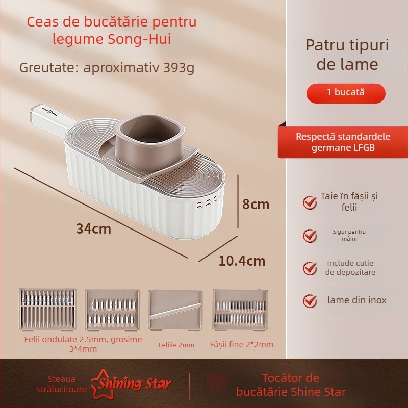 Tăietor de legume multifuncțional manual, cu feliere și răzuitor (Material: PC+ABS, 304/430 oțel inoxidabil, 420J2, PP; pentru uz casnic și comercial)