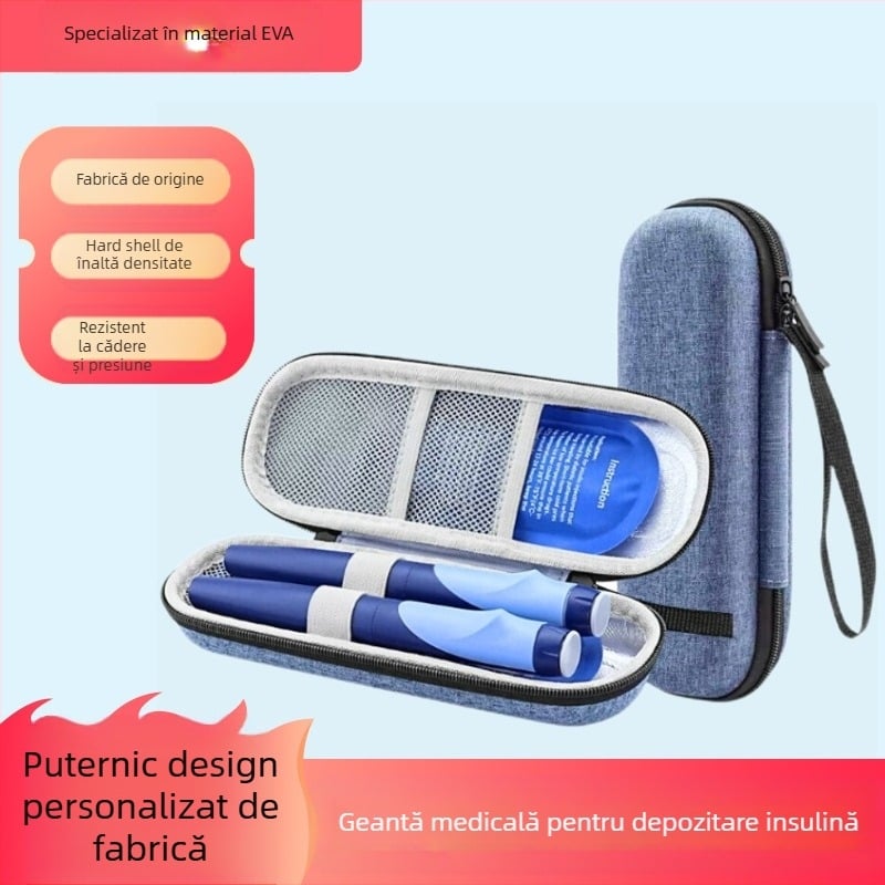 Geantă medicală EVA cu carcasă rigidă și fermoar, impermeabilă pentru refrigerare insulină, model 00165, materiale compozite, încărcare 5 kg, imprimare flexografică, ambalaj 3C pentru electronice