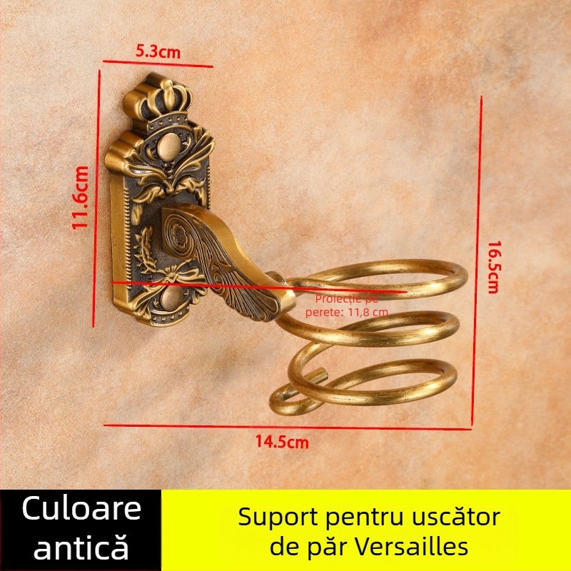Suport montat pe perete pentru uscător de păr — aliaj de aluminiu, model 001, finisaj antic, încărcare 15 kg