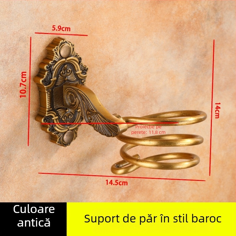 Suport montat pe perete pentru uscător de păr — aliaj de aluminiu, model 001, finisaj antic, încărcare 15 kg
