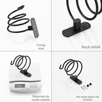 Suport de perete pentru uscător de păr, baie — aluminiu, oxidare anodică, montaj fără găuri, sarcină 2 kg, model 9442