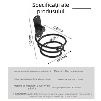 Suport de perete pentru uscător de păr, baie — aluminiu, oxidare anodică, montaj fără găuri, sarcină 2 kg, model 9442