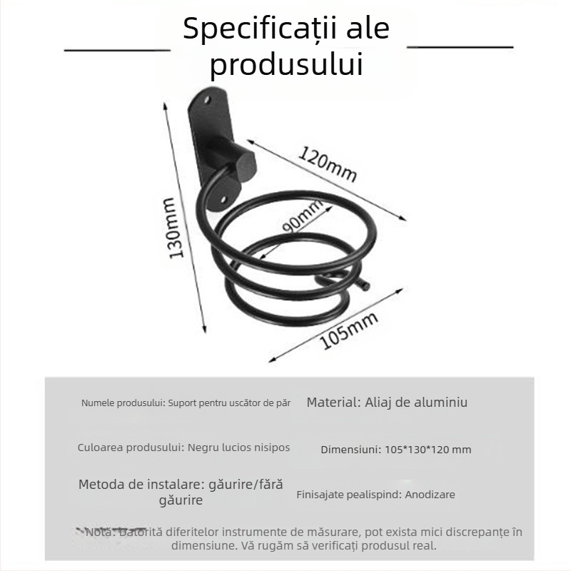 Suport de perete pentru uscător de păr, baie — aluminiu, oxidare anodică, montaj fără găuri, sarcină 2 kg, model 9442