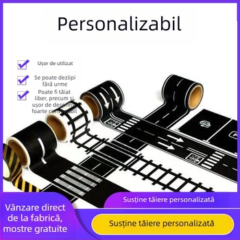 Bandă de hârtie cu design rutier și feroviar pentru DIY – autovehicule și trenuri, autocolante cu curburi; model YS3, substrat hârtie, grosime 80 μm, pentru ambalare cadouri, decorare cărți, proiecte handmade