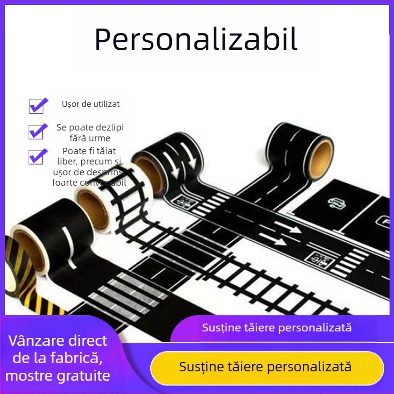 Bandă de hârtie cu design rutier și feroviar pentru DIY – autovehicule și trenuri, autocolante cu curburi; model YS3, substrat hârtie, grosime 80 μm, pentru ambalare cadouri, decorare cărți, proiecte handmade