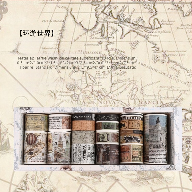 Set de bandă decorativă din hârtie Yue Lu pentru jurnal retro și scrapbooking – 18 role, substrat: hârtie, aplicație universală, import: Nu, cadou: Nu