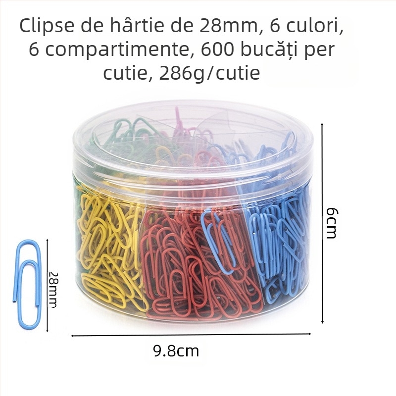 Clipsuri de hârtie metalice cu acoperire din plastic, ambalaj cilindric cu șase compartimente, model 6T-1/6T-2/6T-3
