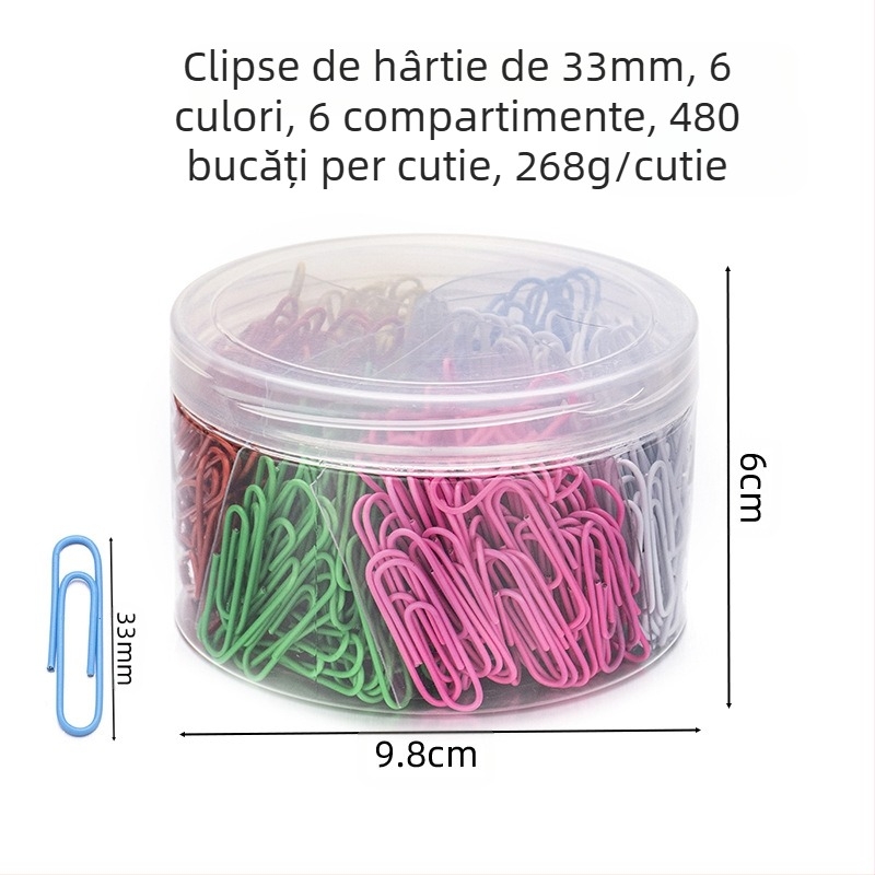 Clipsuri de hârtie metalice cu acoperire din plastic, ambalaj cilindric cu șase compartimente, model 6T-1/6T-2/6T-3