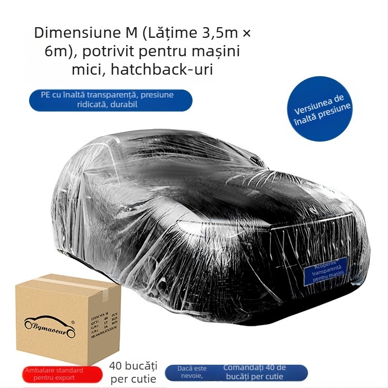 Bymaocar husă auto de unică folosință, film PE transparent, universală pentru autoturisme, greutate 0,2 kg, personalizare disponibilă