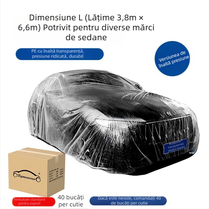 Bymaocar husă auto de unică folosință, film PE transparent, universală pentru autoturisme, greutate 0,2 kg, personalizare disponibilă