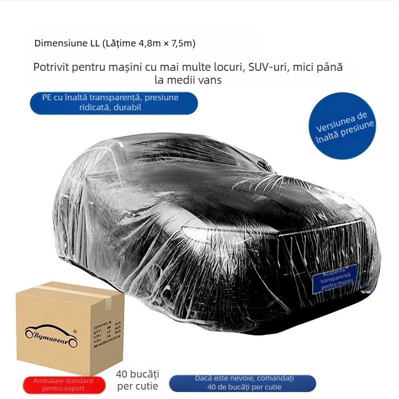 Bymaocar husă auto de unică folosință, film PE transparent, universală pentru autoturisme, greutate 0,2 kg, personalizare disponibilă