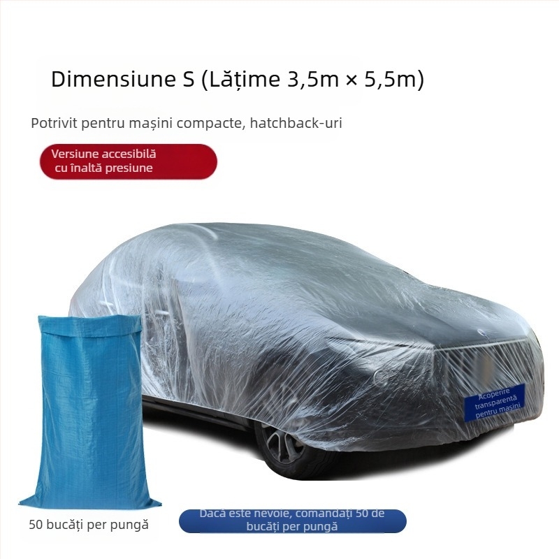 Bymaocar husă auto de unică folosință, film PE transparent, universală pentru autoturisme, greutate 0,2 kg, personalizare disponibilă