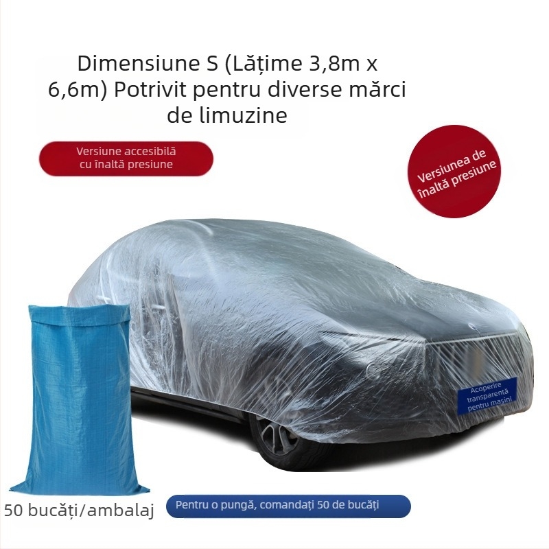Bymaocar husă auto de unică folosință, film PE transparent, universală pentru autoturisme, greutate 0,2 kg, personalizare disponibilă