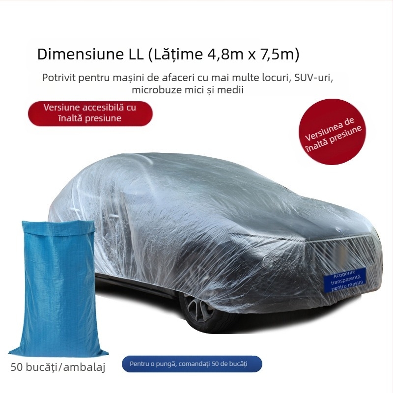Bymaocar husă auto de unică folosință, film PE transparent, universală pentru autoturisme, greutate 0,2 kg, personalizare disponibilă