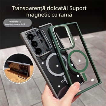 Carcasă magnetică pentru Samsung S25 Ultra cu suport metalic ascuns pentru obiectiv, transparentă, compatibilă cu S23FE și S22Plus