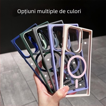 Carcasă magnetică pentru Samsung S25 Ultra cu suport metalic ascuns pentru obiectiv, transparentă, compatibilă cu S23FE și S22Plus