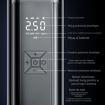 Pompa de aer inteligentă, fără fir, pentru mașină, cu afișaj digital și pornire-oprire automată, pentru mașină și motocicletă, 7.4–12V, 120W, cablu de 3 m, debit de aer 25 L/min
