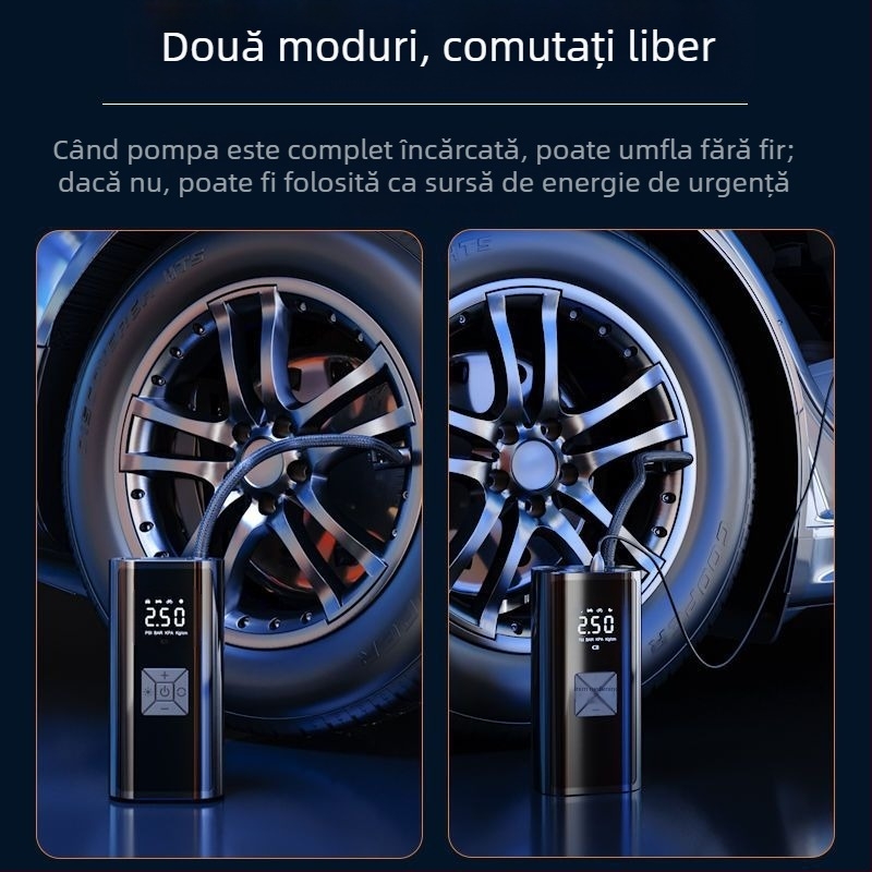 Pompa de aer inteligentă, fără fir, pentru mașină, cu afișaj digital și pornire-oprire automată, pentru mașină și motocicletă, 7.4–12V, 120W, cablu de 3 m, debit de aer 25 L/min